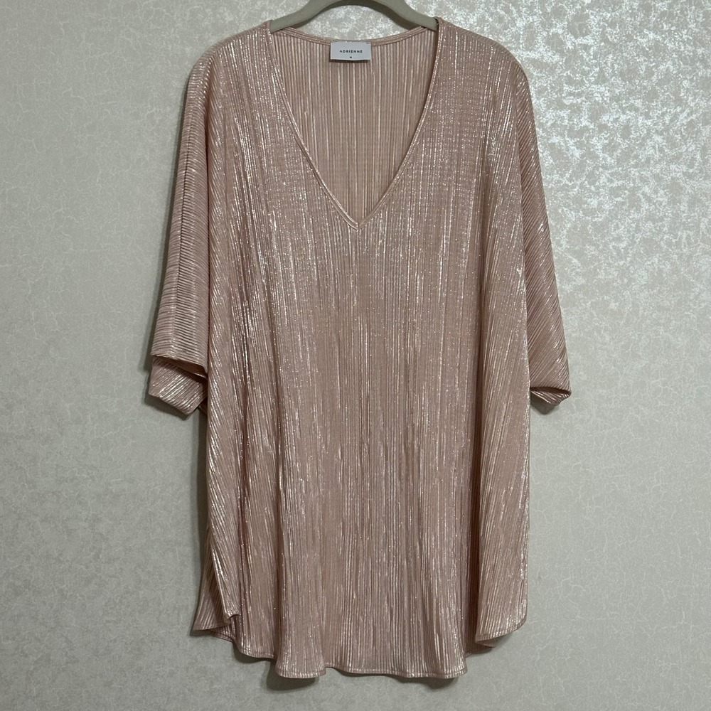 Adrienne Metallic Textured Pleated V-Neck Oversized Tunic Top Rose Gold Pink M